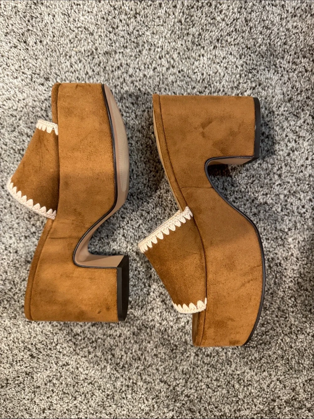 Nine West Brown Suede Platform Mules with Cream Scallop Trim